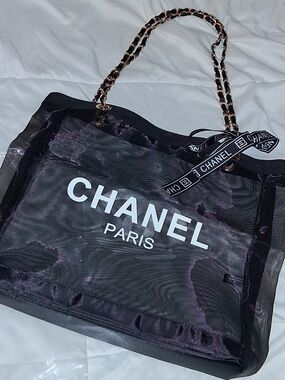CHANEL Black Mesh Logo Tote Bag